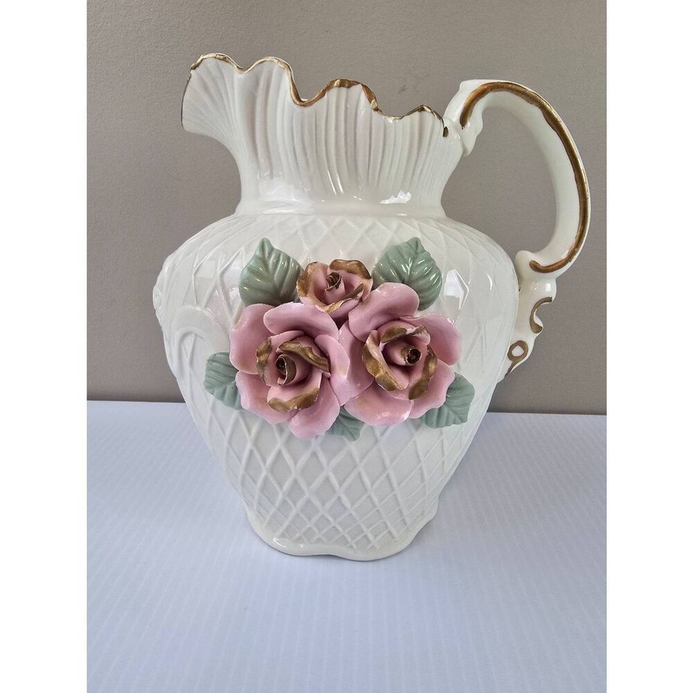 Pitcher Lattice 3D Roses Gold Trim - Picture 2 of 8